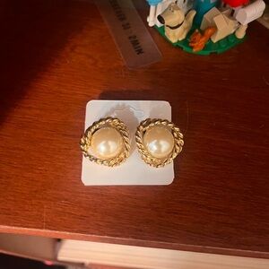 White Pearl and Goldtone Braid Edge Large Clip-On Earrings